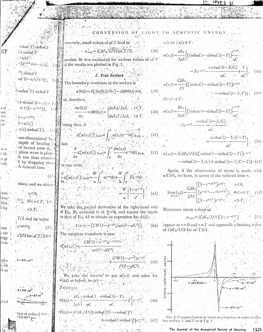 Figure 2. Computed stress in water as a function of reduced time, free surface, C and T as in Fig. 1.