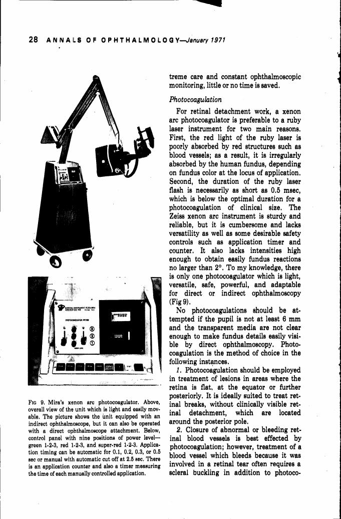 Figure 9. Mira's xenon arc photoocoagulator showing an overall view and control panel with power level settings.