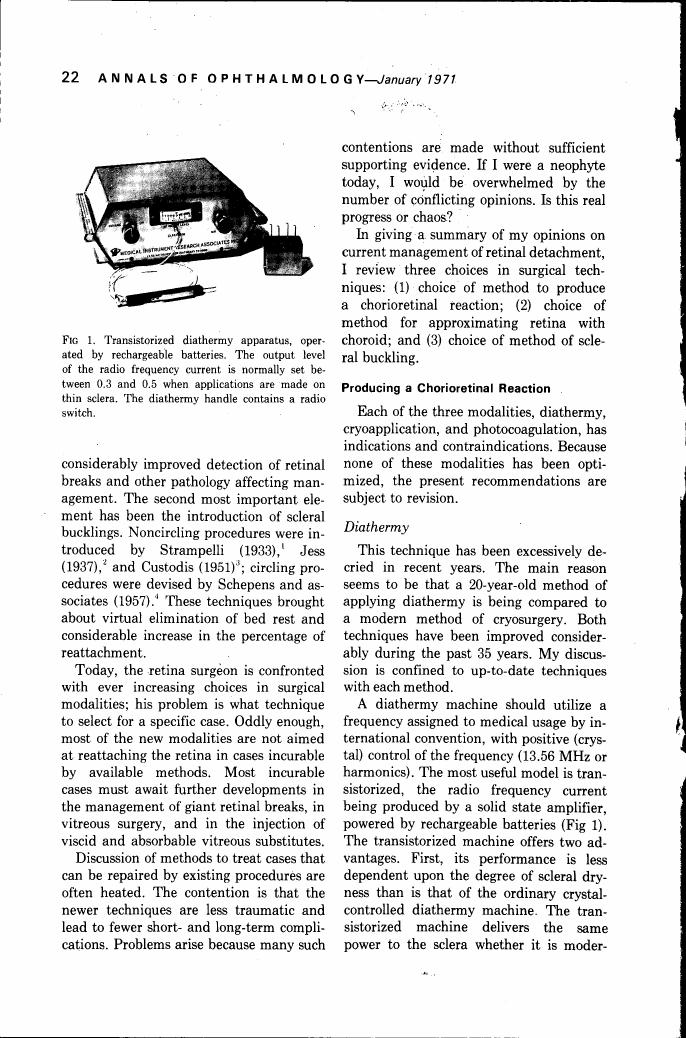 Fig. 1 illustrates a transistorized diathermy apparatus operated by rechargeable batteries.