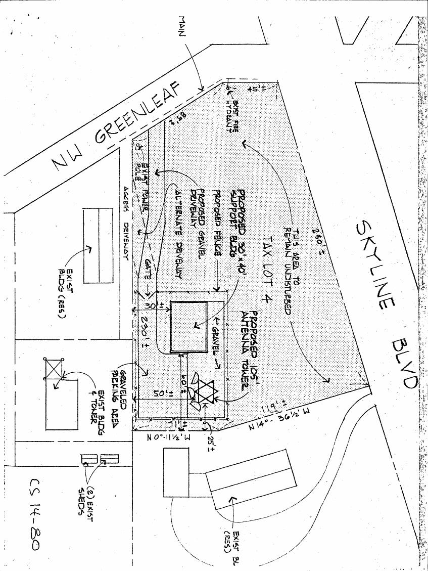 AI-described figure: A detailed site plan showing proposed and existing structures on a property at NW Greenleaf and Skyline Blvd.