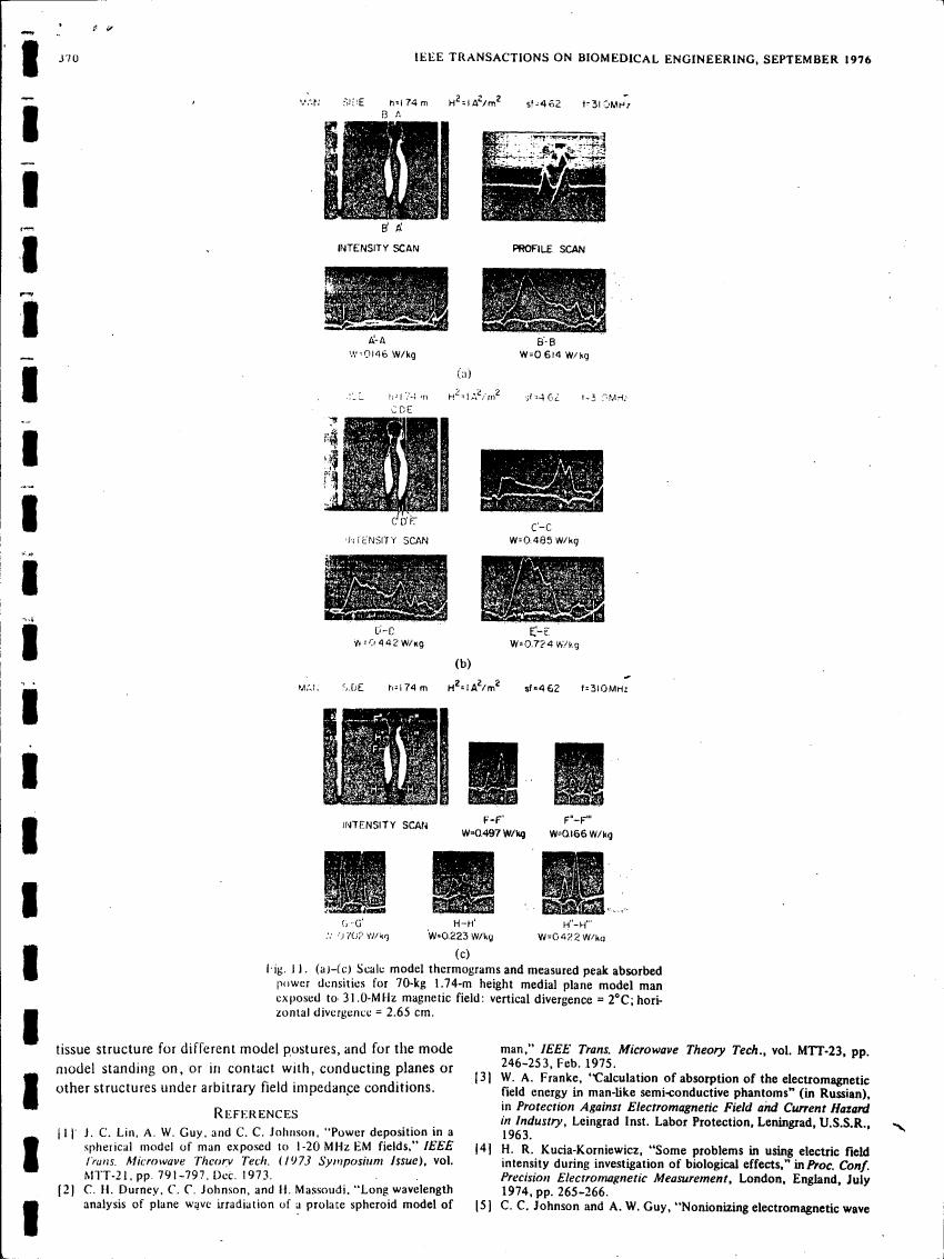 AI-described figure: Fig. 11 displays scale model thermograms and measured peak absorbed power densities for a human-like model exposed to a magnetic field, illustrating the distribution of energy absorption across different body regions.