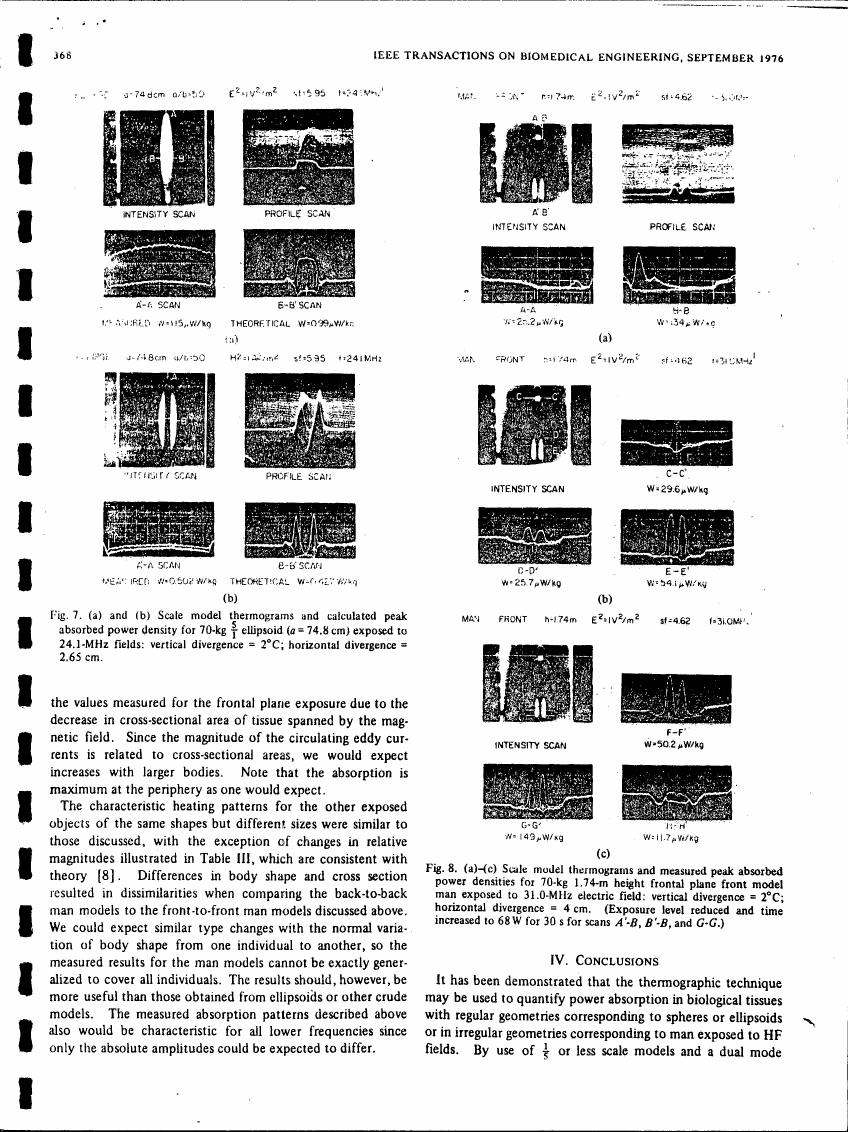 AI-described figure: Figures showing scale model thermograms and calculated peak absorbed power density for a 70-kg ellipsoid exposed to electromagnetic fields, with various scans labeled A-A', B-B', C-C', etc.