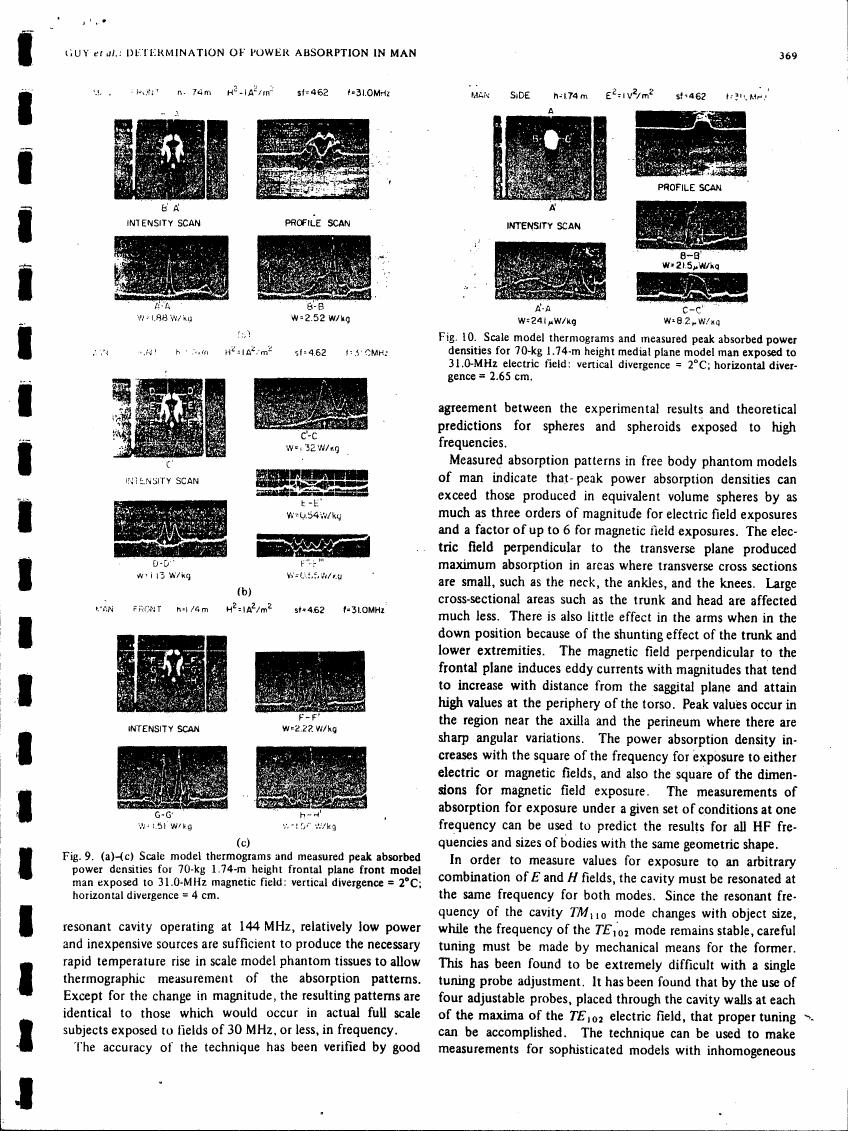 AI-described figure: Figures showing scale model thermograms and measured peak absorbed power densities for a human subject exposed to an electric field.