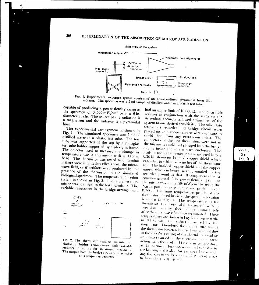 AI-described figure: Fig. 1 illustrates an experimental exposure system consisting of a pyramidal horn illuminator and a specimen in a plastic test tube, used to determine microwave radiation absorption.