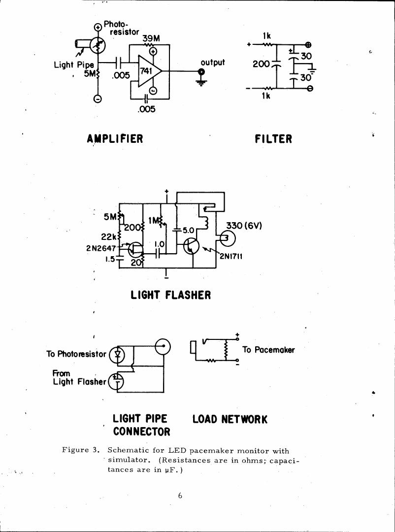 AI-described figure: Figure 3. Schematic for LED pacemaker monitor with simulator.