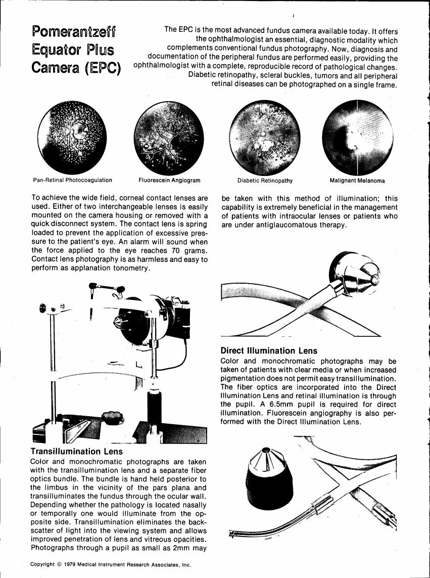 AI-described figure: Illustrations and descriptions of various fundus images captured using a Pomerantzeff Equator Plus Camera (EPC), including examples of Pan-Retinal Photocoagulation, Fluorescein Angiogram, Diabetic Retinopathy, and Malignant Melanoma.