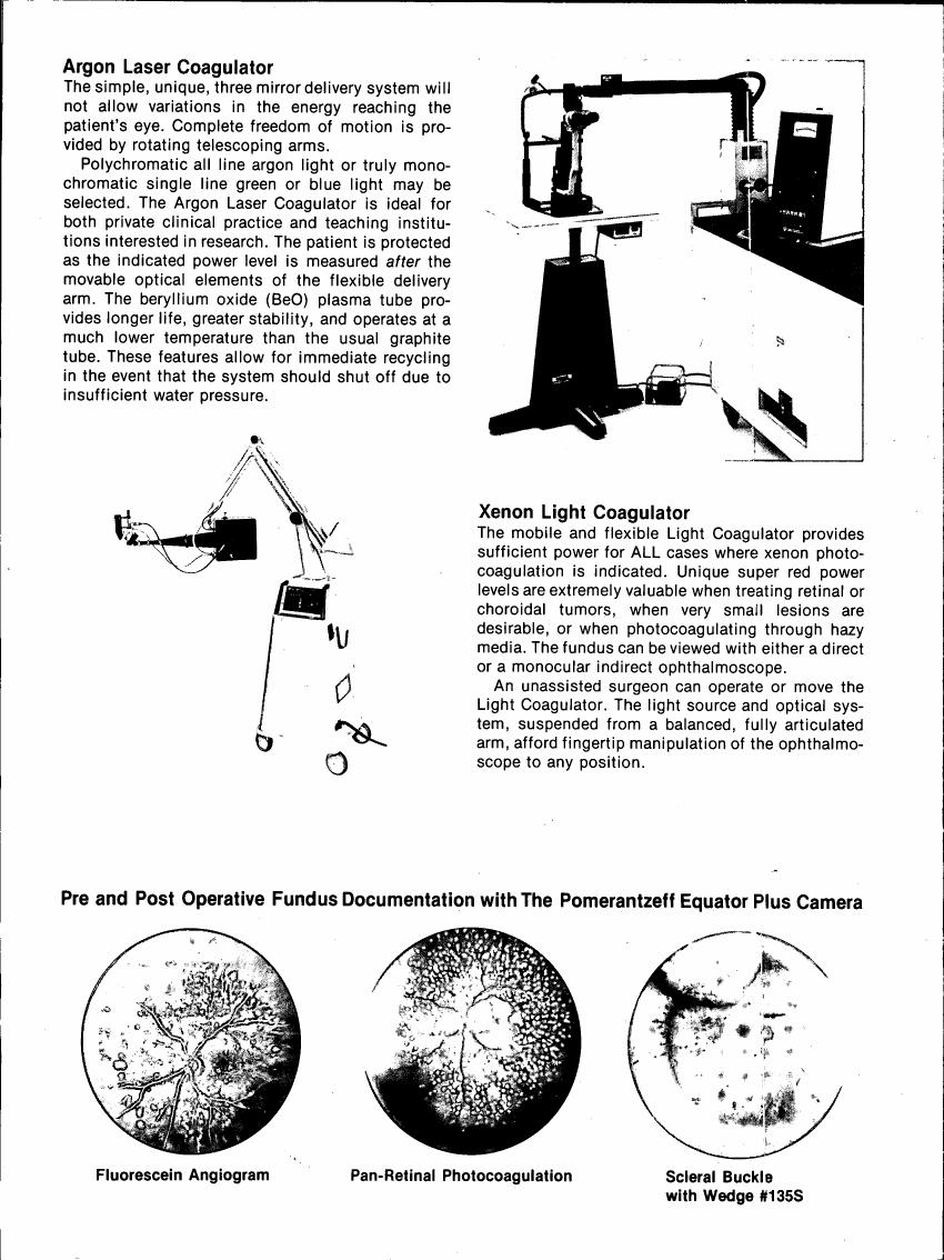 AI-described figure: Illustrations and descriptions of Argon Laser Coagulator and Xenon Light Coagulator setups with accompanying diagrams.