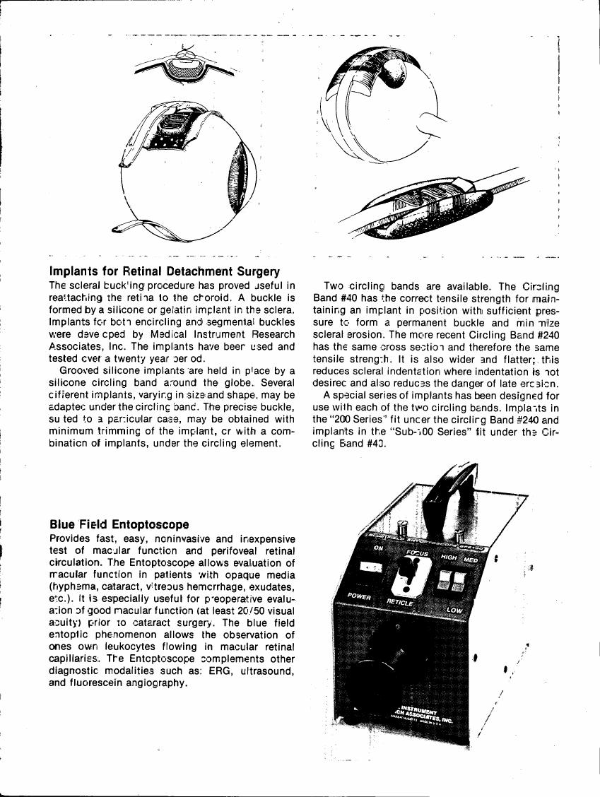 AI-described figure: Illustrations showing different types of implants used in retinal detachment surgery and a diagram of a Blue Field Entoptoscope.