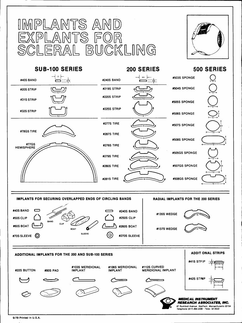 AI-described figure: A diagram illustrating various implants and explants for scleral buckling procedures in different series.