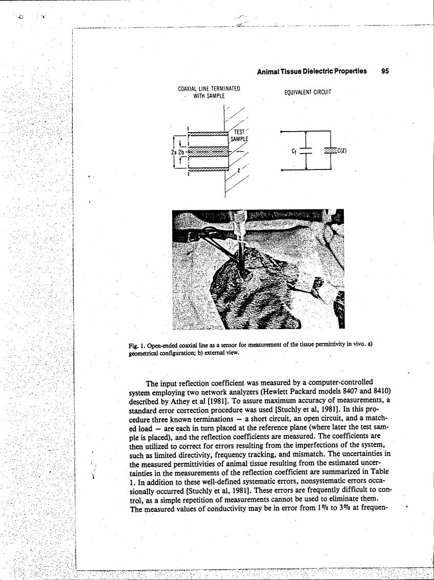 Figure 1 illustrates an open-ended coaxial line used as a sensor for measuring tissue permittivity in vivo, showing both geometrical configuration and external view.