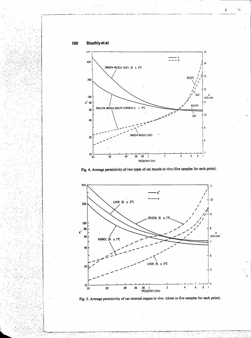 AI-described figure: Fig. 4 and Fig. 5 show average permittivity data for cat muscle and internal organs in vivo.