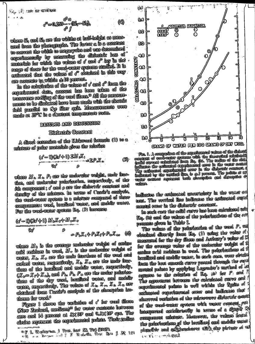 Figure 1. A comparison of the experimental values of the dielectric constant of wool-water systems with the theoretical relationship (solid curves) calculated from Eq. (6). The radius of the circles indicates the estimated experimental error in the water content.