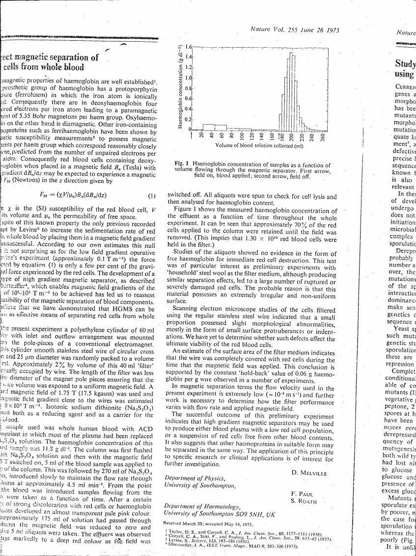 Figure 1 displays haemoglobin concentration as a function of volume flowing through a magnetic separator.