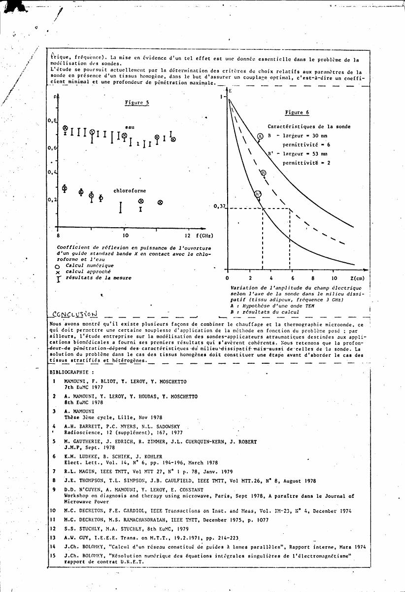 AI-described figure: Figure 5: Coefficient of reflection in power at the opening of a standard X-band guide in contact with chloroform and water, comparing numerical calculation to measurement results.