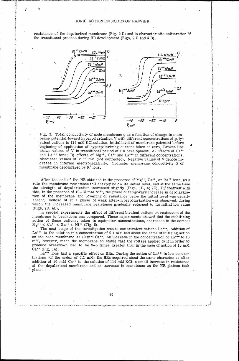 Fig. 3: Total conductivity of node membrane g as a function of change in membrane potential toward hyperpolarization V with different concentrations of polyvalent cations in 114 mM KCl solution.