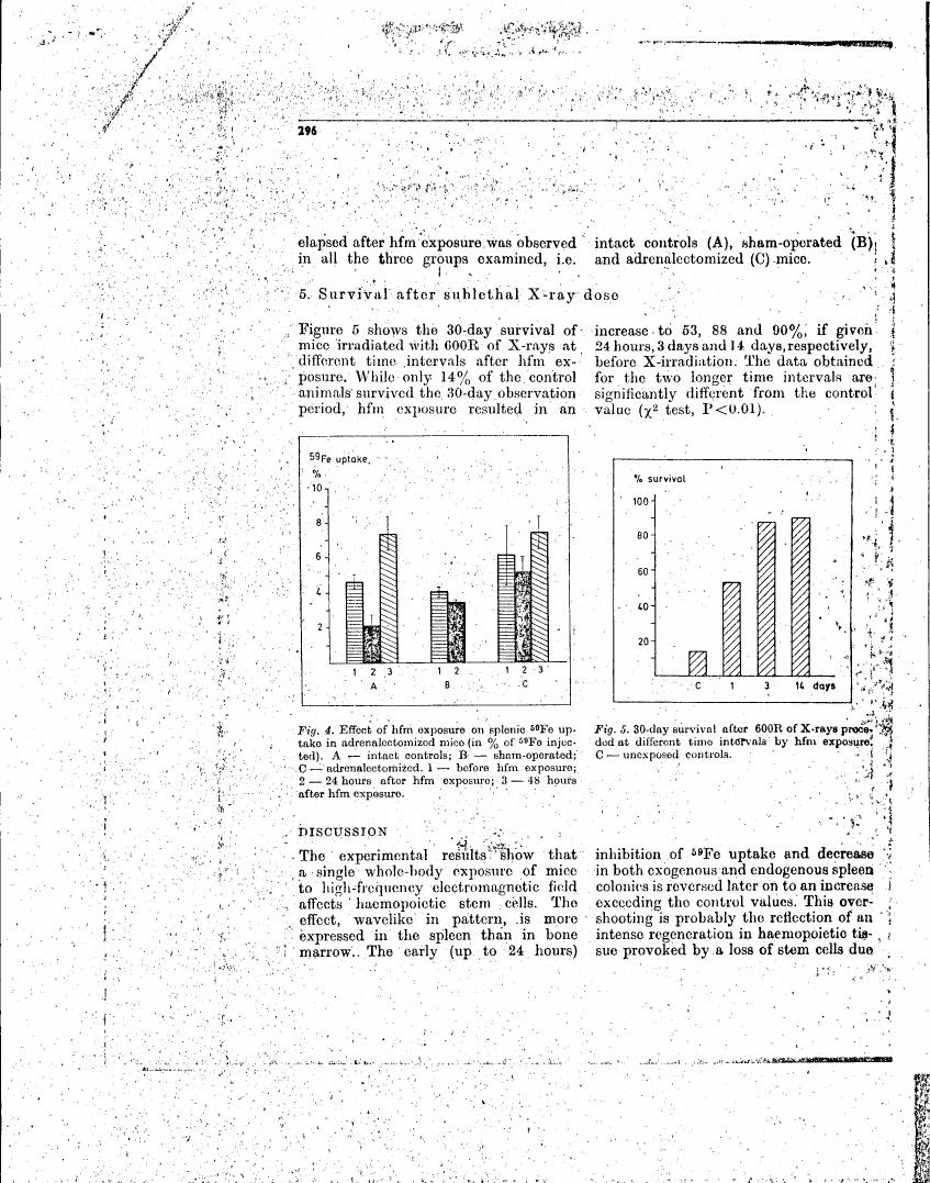 AI-described figure: Figure 4 illustrates the effect of hfm exposure on splenic 59Fe uptake in adrenalectomized mice at different time intervals after hfm exposure.