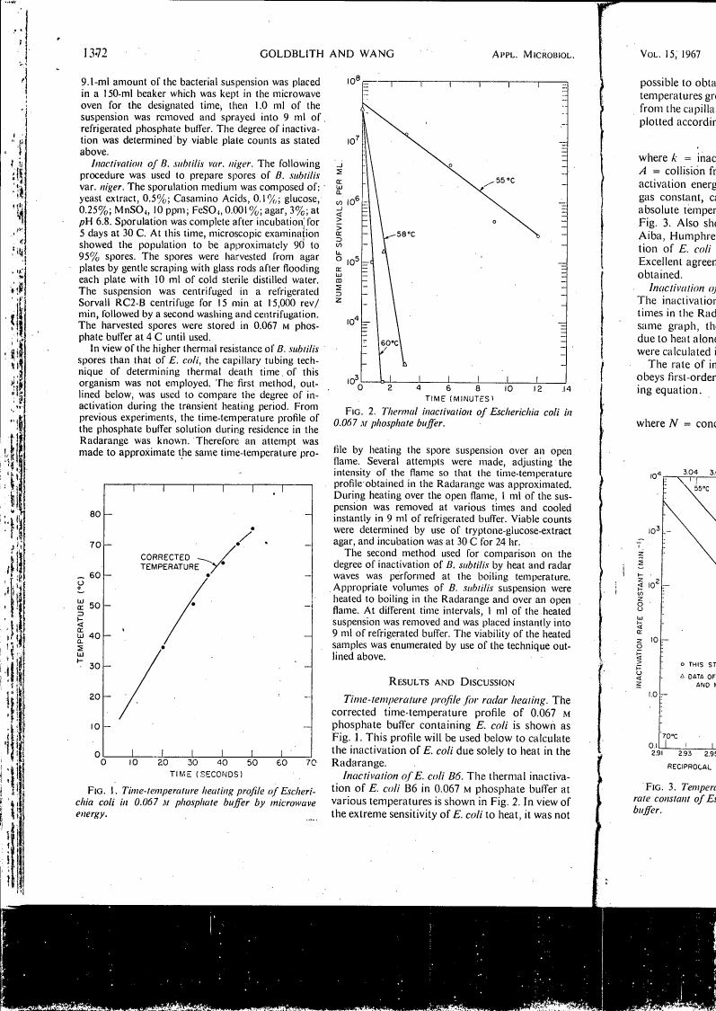 Figure 1: Time-temperature heating profile of Escherichia coli in 0.067 M phosphate buffer by microwave energy.