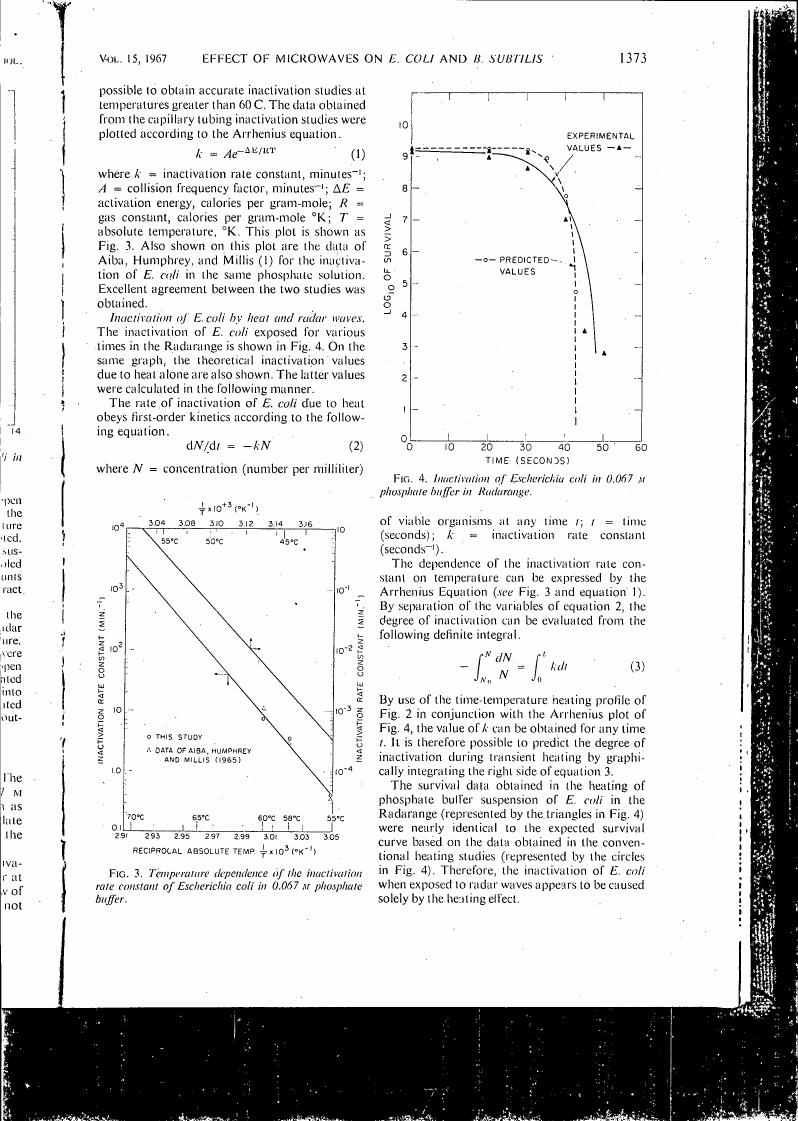 AI-described figure: Figure 4. Inactivation of Escherichia coli in 0.067 M phosphate buffer in Radarrange.