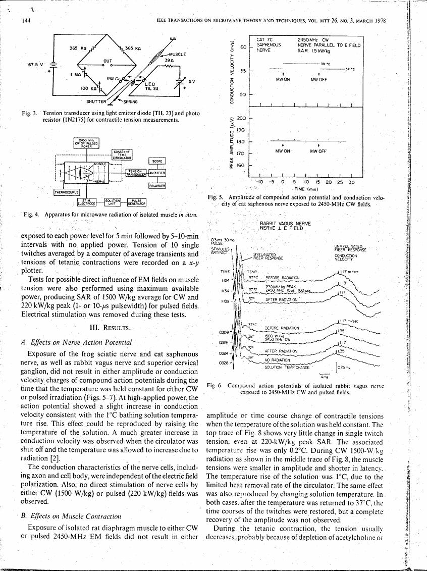 AI-described figure: Figure 5. Amplitude of compound action potential and conduction velocity of cat saphenous nerve exposed to 2450-MHz CW fields.