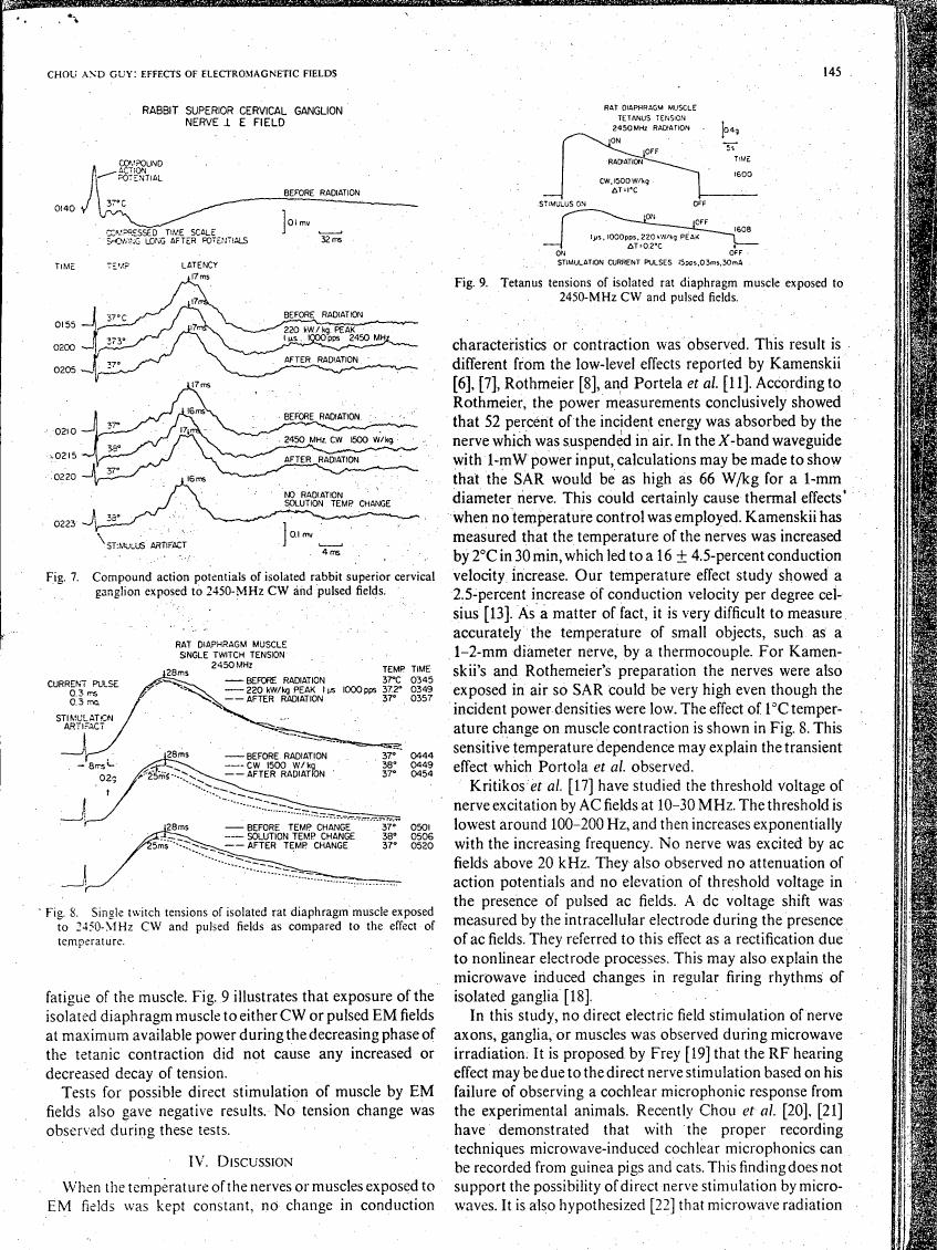 AI-described figure: Figure 7: Compound action potentials of isolated rabbit superior cervical ganglion exposed to 2450-MHz CW and pulsed fields.