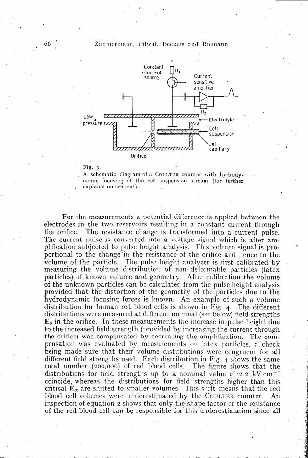 A schematic diagram of a Coulter counter with hydrodynamic focusing of the cell suspension stream (for further explanation see text).