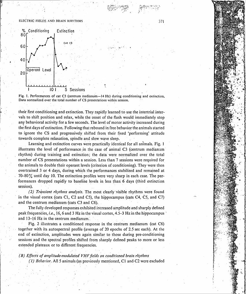 AI-described figure: Fig. 1: Performances of cat C3 (centrum medianum—14 Hz) during conditioning and extinction.