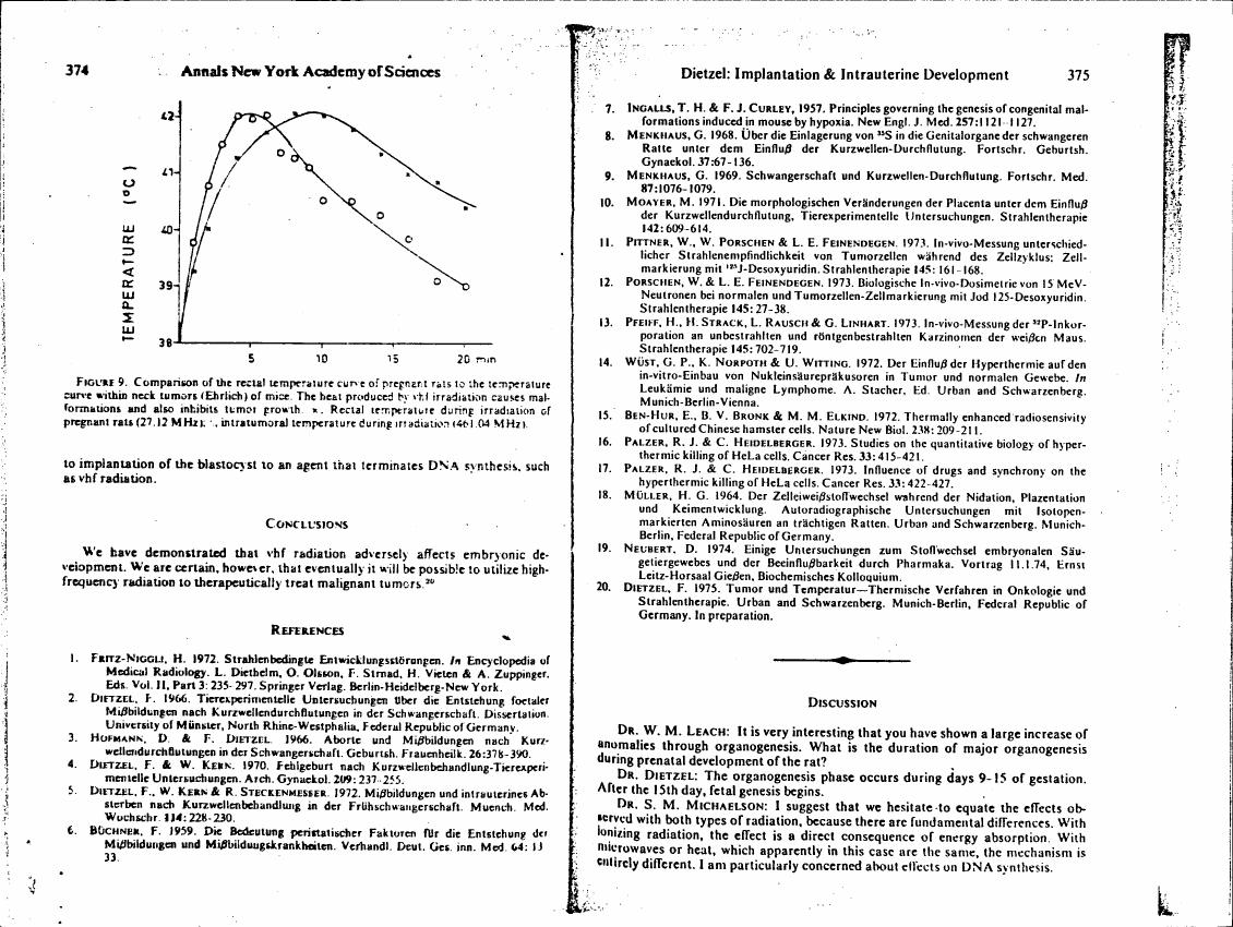 Figure 9. Comparison of the rectal temperature curve of pregnant rats to the temperature curve within neck tumors (Ehrlich) of mice.
