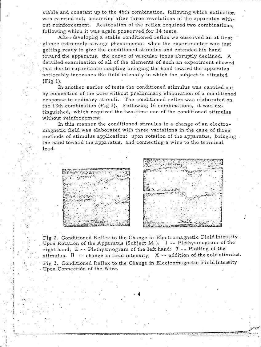 AI-described figure: Figures 2 and 3 show conditioned reflexes to changes in electromagnetic field intensity upon rotation of an apparatus or connection of a wire, with plethysmograms for the right and left hands.