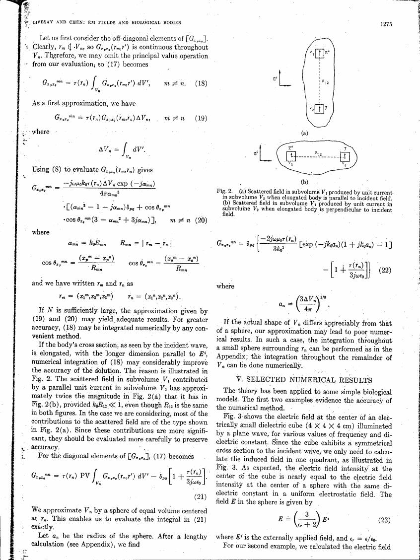 AI-described figure: Figure 2 illustrates scattered fields in subvolumes V1 and V4 produced by unit currents when an elongated body is parallel or perpendicular to the incident field.
