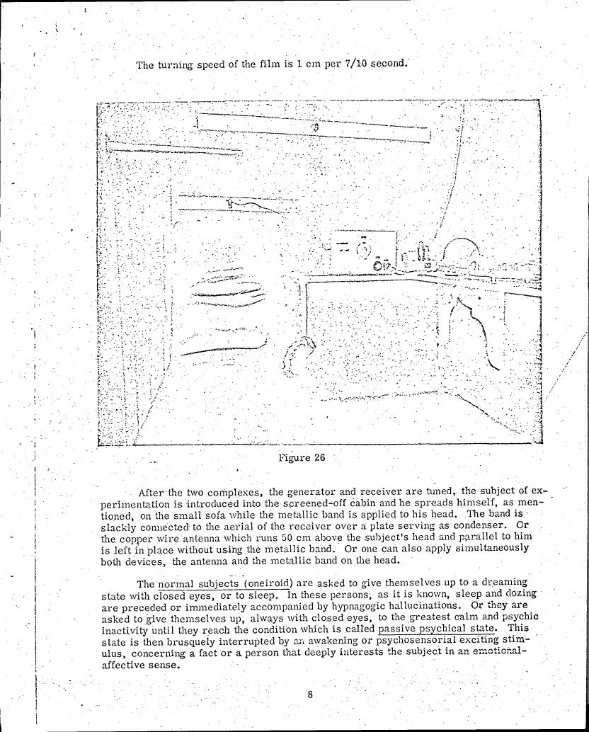AI-described figure: Figure 26 depicts a setup involving a subject in an experimental cabin with various devices connected to them for scientific experimentation.