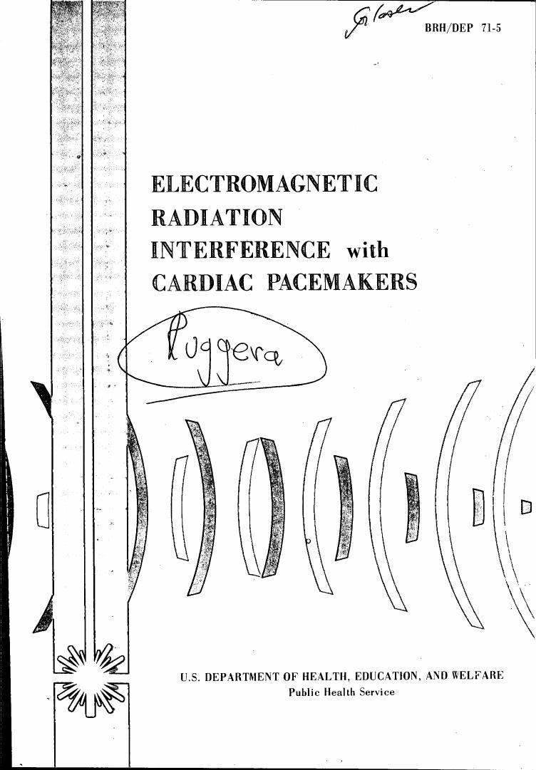 The diagram illustrates electromagnetic radiation interference with cardiac pacemakers.
