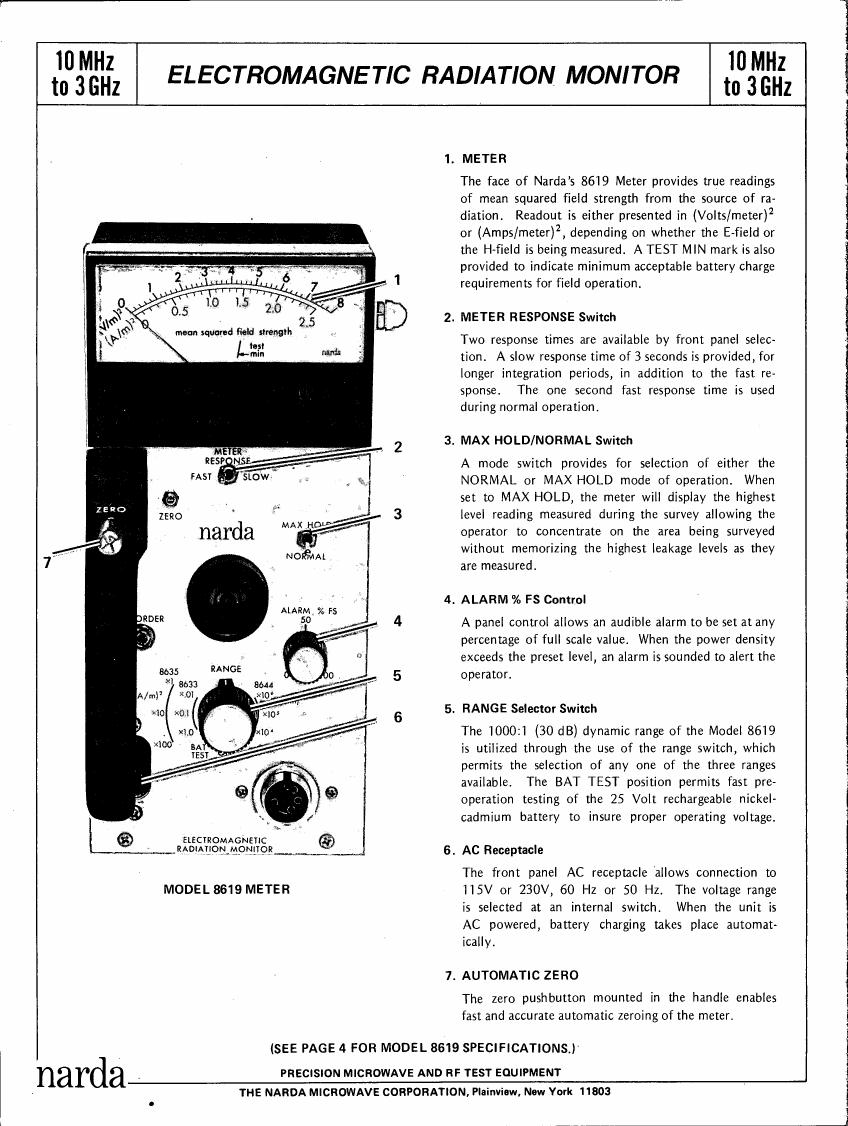 AI-described figure: A detailed diagram illustrating the features and specifications of a Narda Model 8619 Electromagnetic Radiation Monitor.