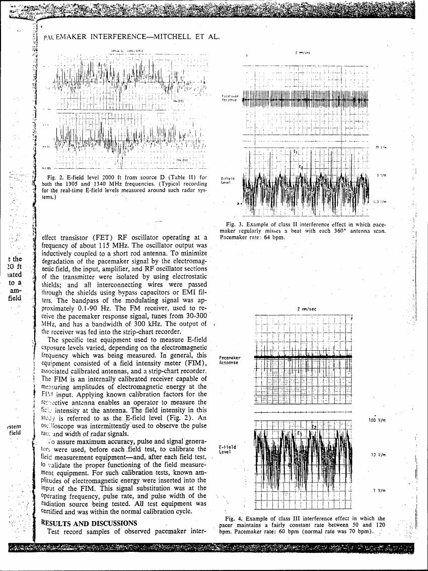 Figure 2 illustrates E-field levels at a distance of 2000 ft from source D for two frequencies (1305 and 1340 MHz), showing typical real-time measurements around radar systems.