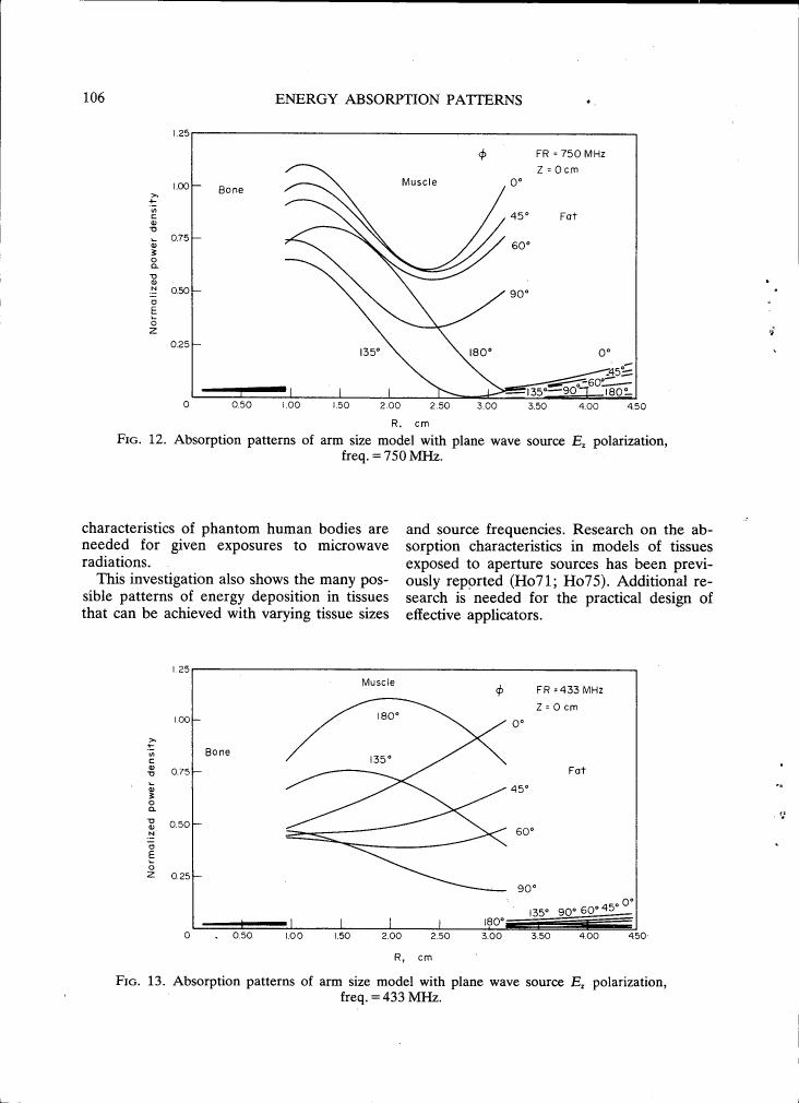 AI-described figure: Fig. 12: Absorption patterns of arm size model with plane wave source E polarization, freq. = 750 MHz.