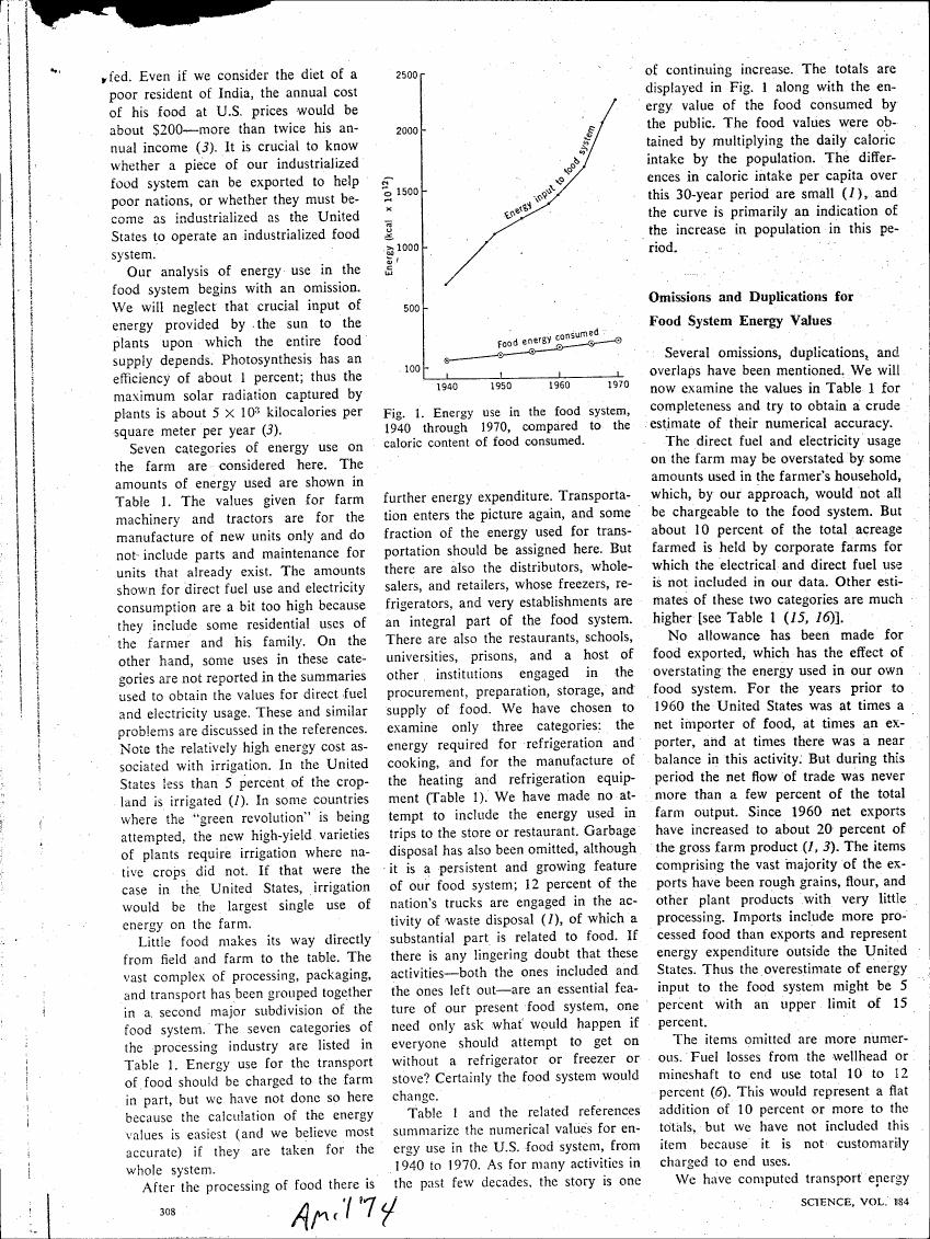 Figure 1 illustrates energy use in the food system from 1940 to 1970 compared to caloric content of consumed food.