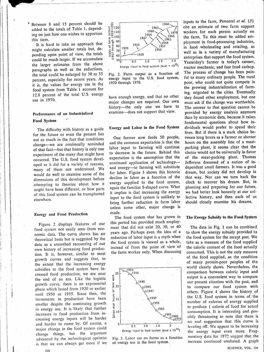AI-described figure: Figure 2 illustrates farm output as a function of energy input to the U.S. food system from 1920 through 1970.