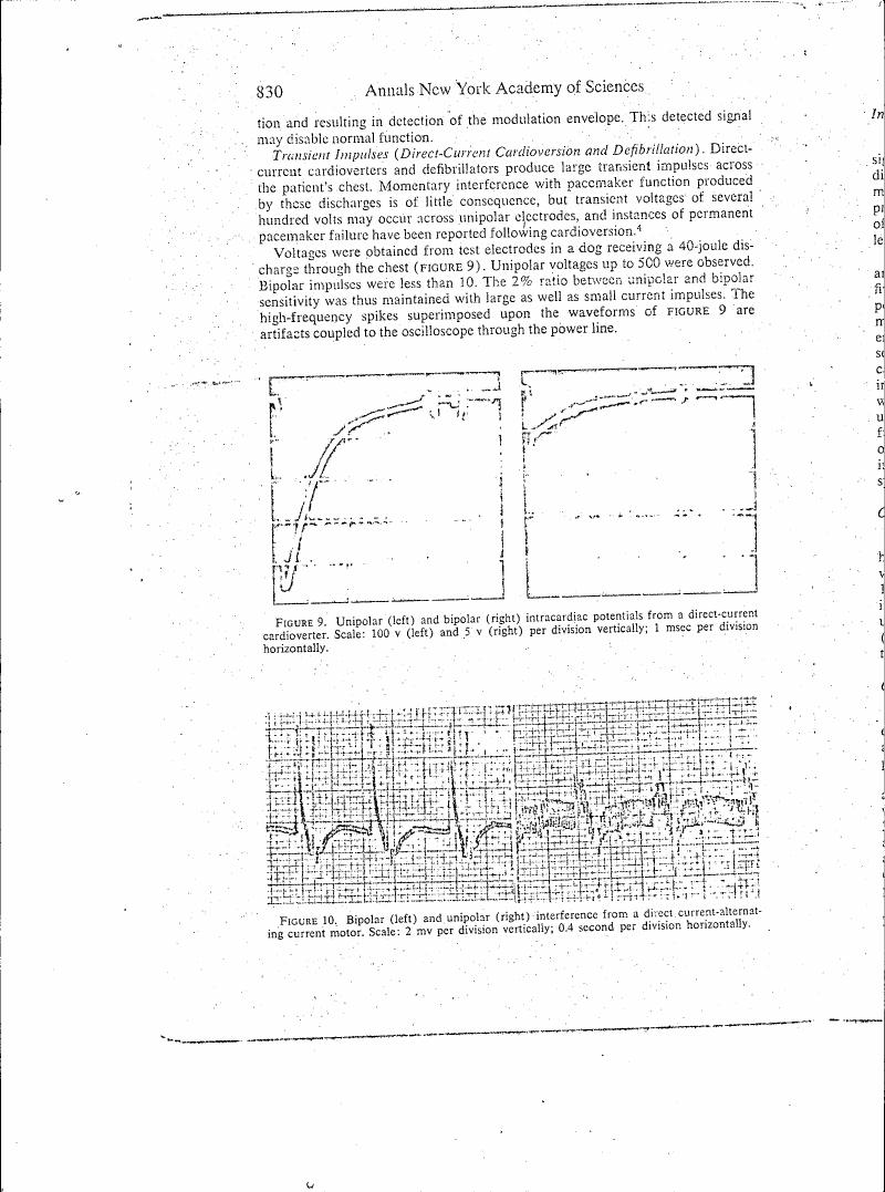 AI-described figure: Figure 9 displays unipolar and bipolar intracardiac potentials from a direct-current cardioverter.
