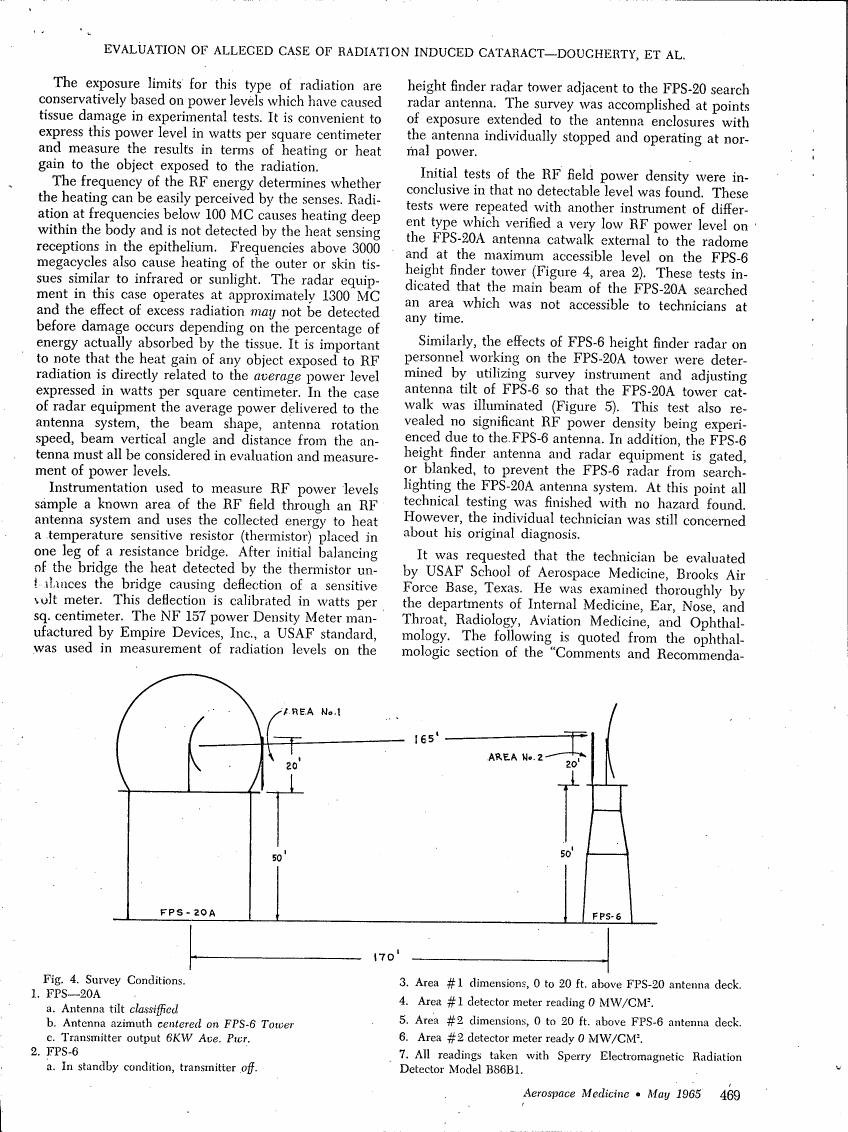 AI-described figure: Survey conditions for FPS-20A and FPS-6 radar antennas, showing antenna tilt angles and distances from the antennas.