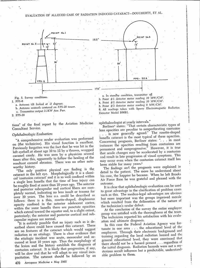 AI-described figure: Figure 5. Survey conditions showing measurement points and distances related to FPS-6 and FPS-20A towers.