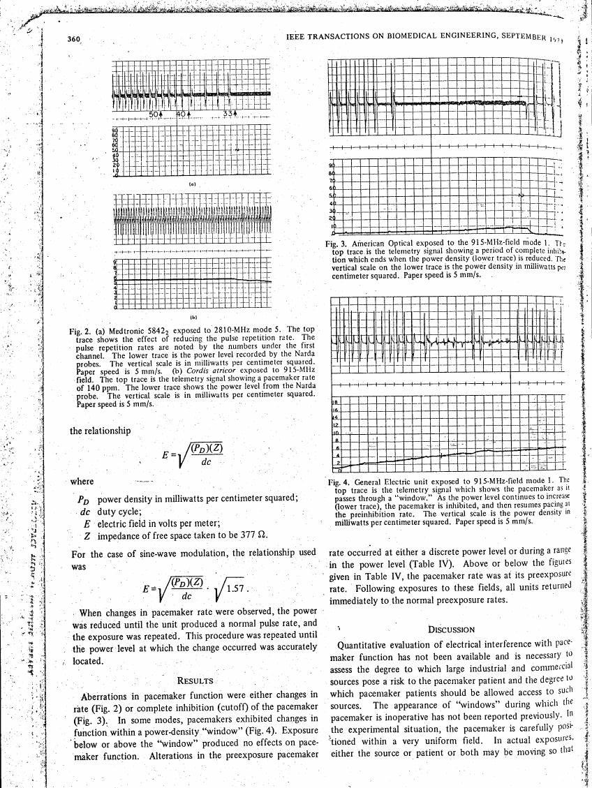 AI-described figure: Figure 2 illustrates the effect of reducing pulse repetition rate on Medtronic 5842 exposed to a specific frequency mode, showing telemetry signals and power levels.