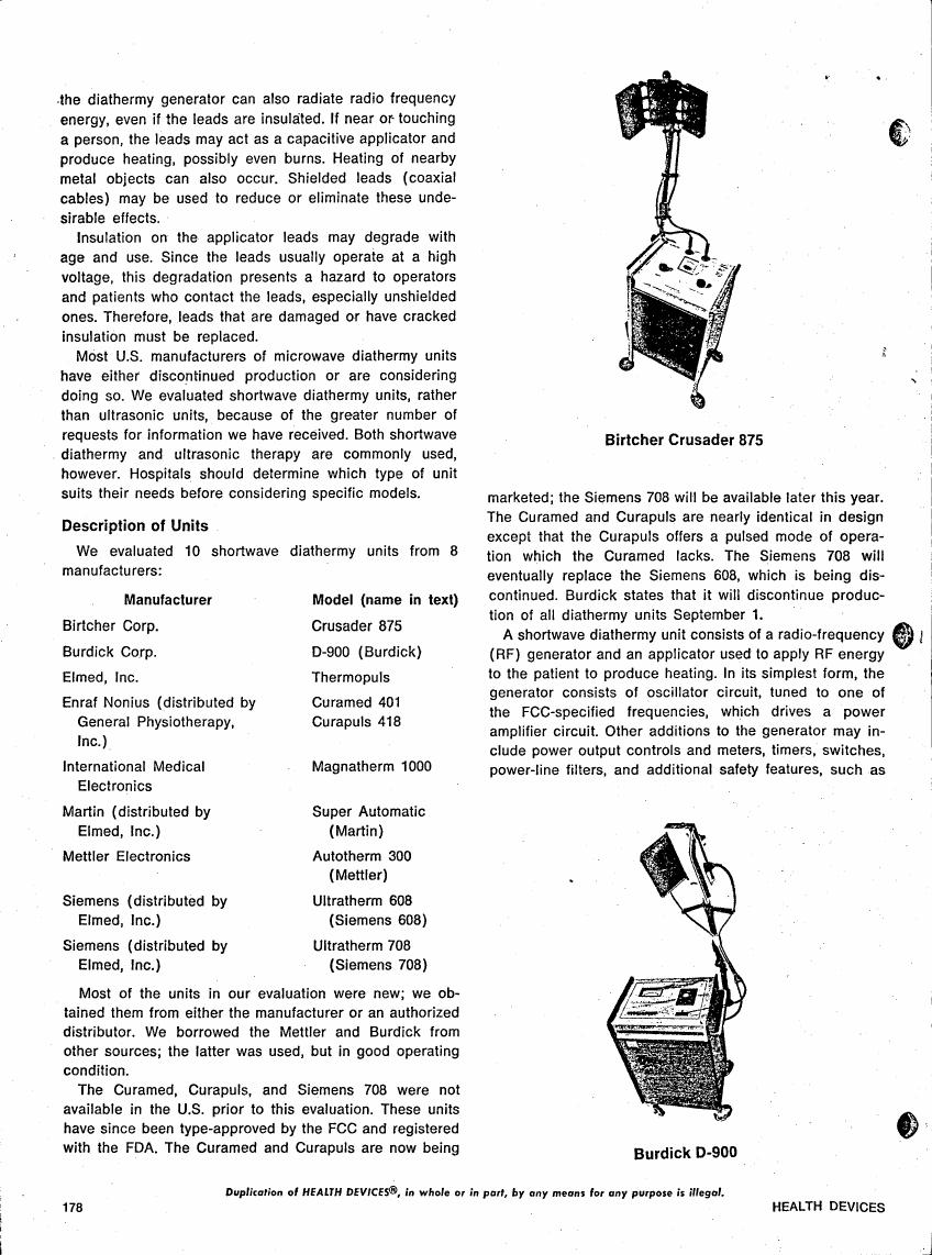 AI-described figure: A diagram illustrating different models and manufacturers of shortwave diathermy units.