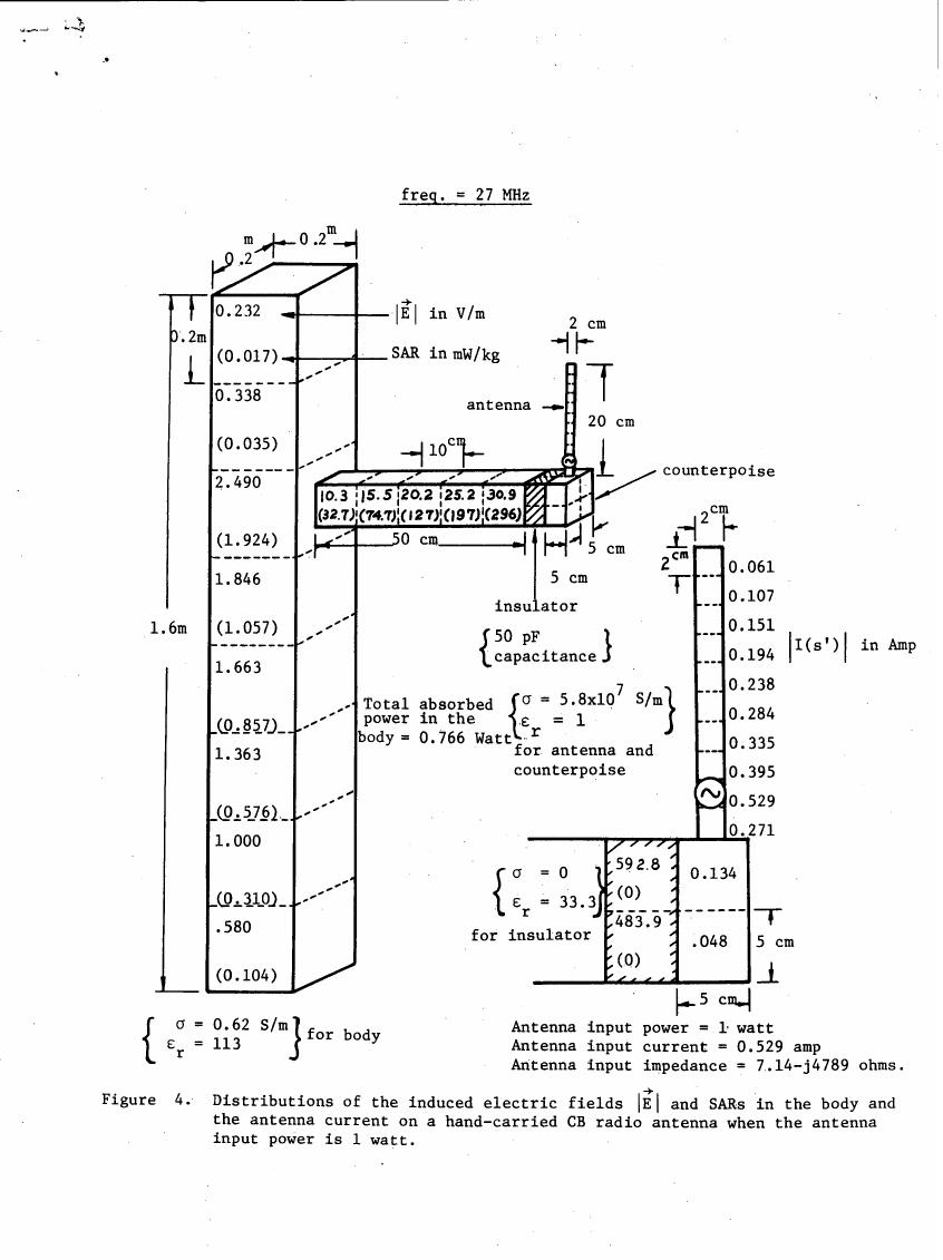 Figure 4. Distributions of the induced electric fields |E| and SARs in the body and the antenna current on a hand-carried CB radio antenna when the antenna input power is 1 watt.