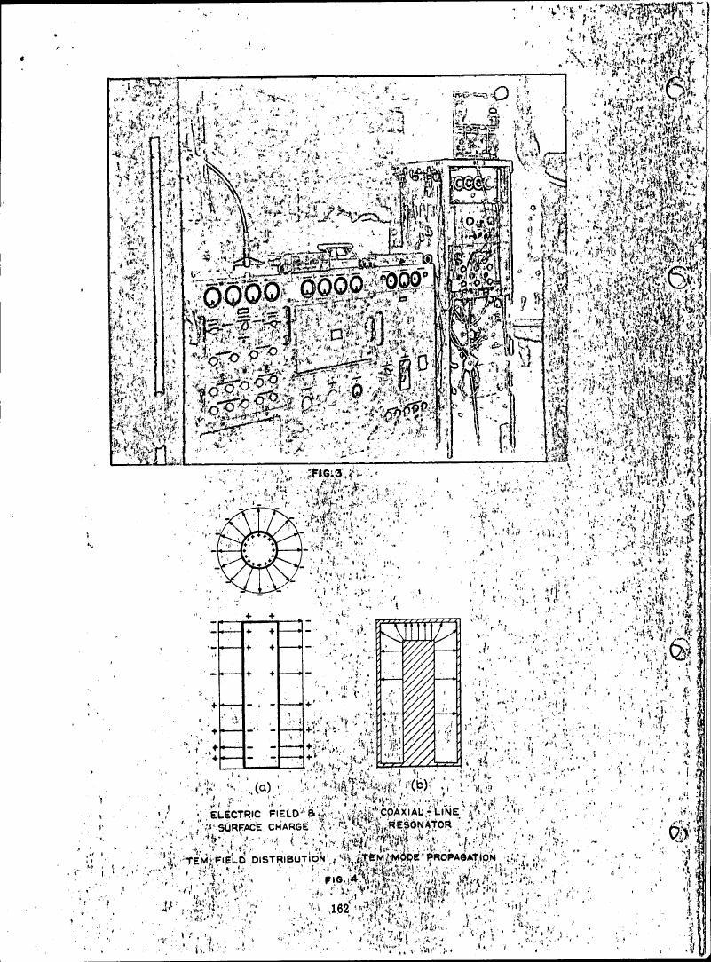 AI-described figure: Figure 3 illustrates a complex electronic circuit layout with various components and connections. Figure 4 depicts electric field distribution in a coaxial line resonator, labeled as TEM mode propagation.