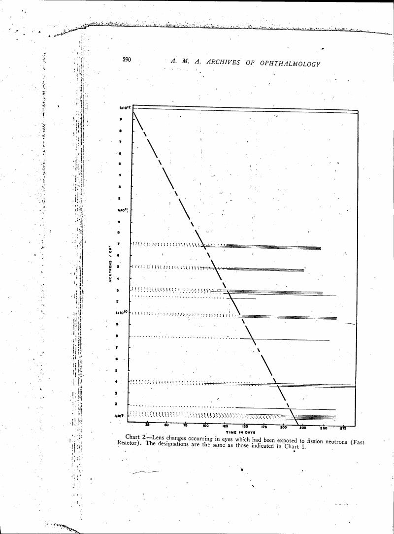 Chart 2—Lens changes occurring in eyes which had been exposed to fission neutrons (Fast Reactor). The designations are the same as those indicated in Chart 1.