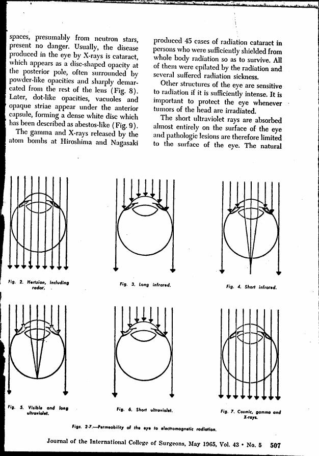 AI-described figure: Figures illustrating the permeability of the eye to electromagnetic radiation, including Hertzian waves (including radar), long infrared, short infrared, visible and long ultraviolet, short ultraviolet, and cosmic, gamma, and X-rays.