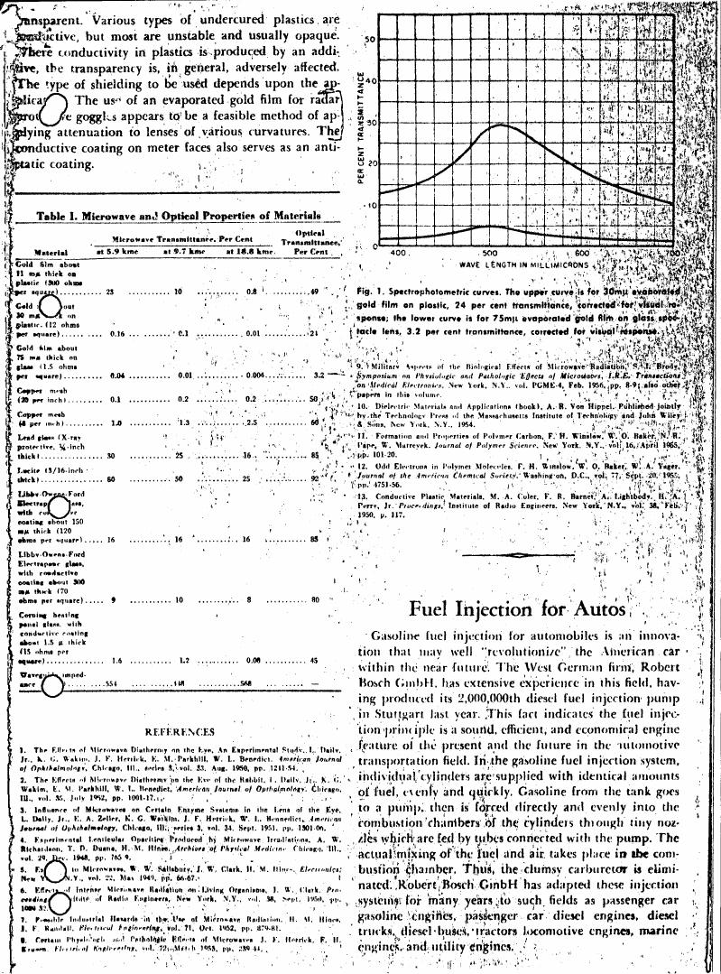 Spectrophotometric curves showing transmittance percentages for gold film on plastic and glass at various wavelengths.