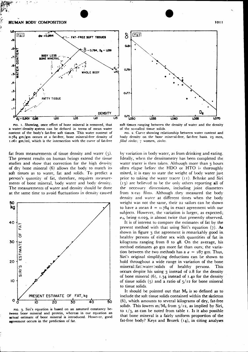 AI-described figure: Figure 1 illustrates a water content vs. density relationship for fat-free soft tissues and whole body composition.