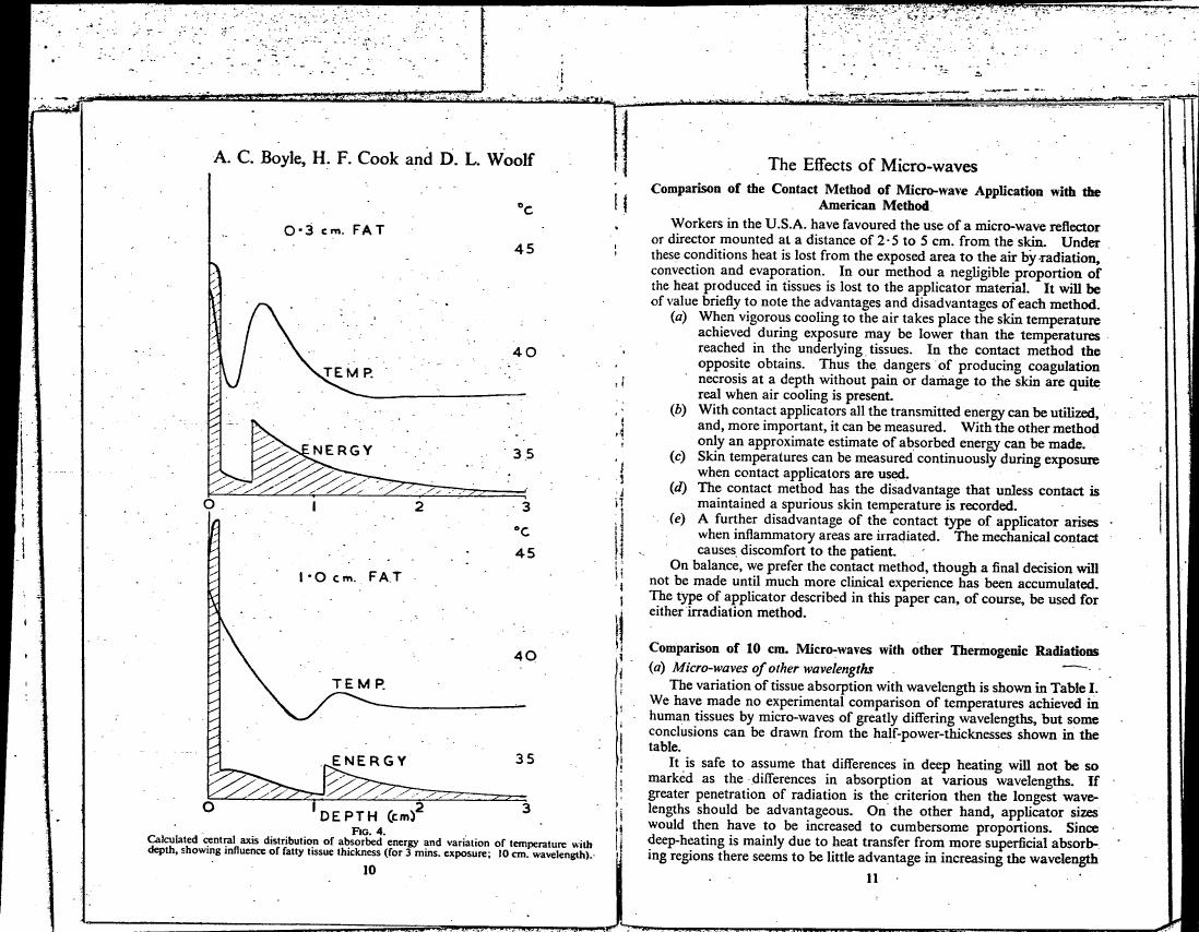 Figure 4: Calculated central axis distribution of absorbed energy and variation of temperature with depth, showing influence of fatty tissue thickness (for 3 mins. exposure; 10 cm. wavelength).