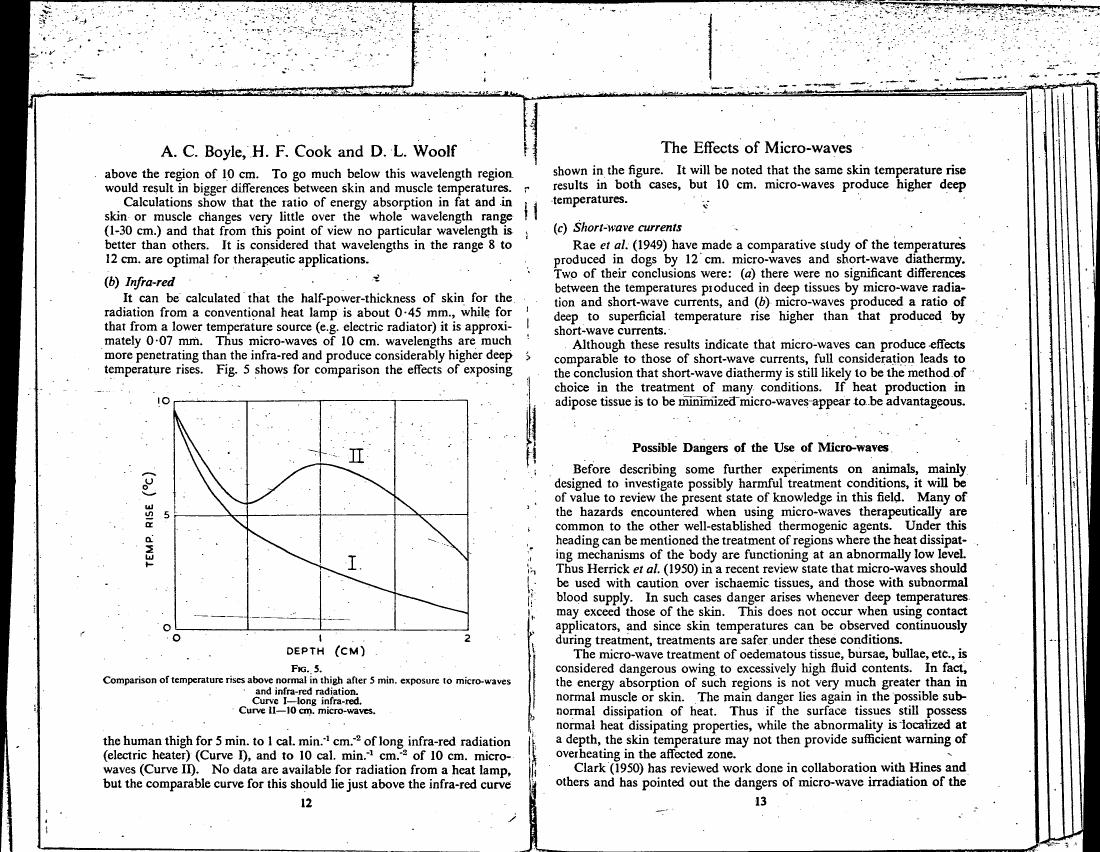 Comparison of temperature rises above normal in thigh after 5 min. exposure to micro-waves and infra-red radiation.