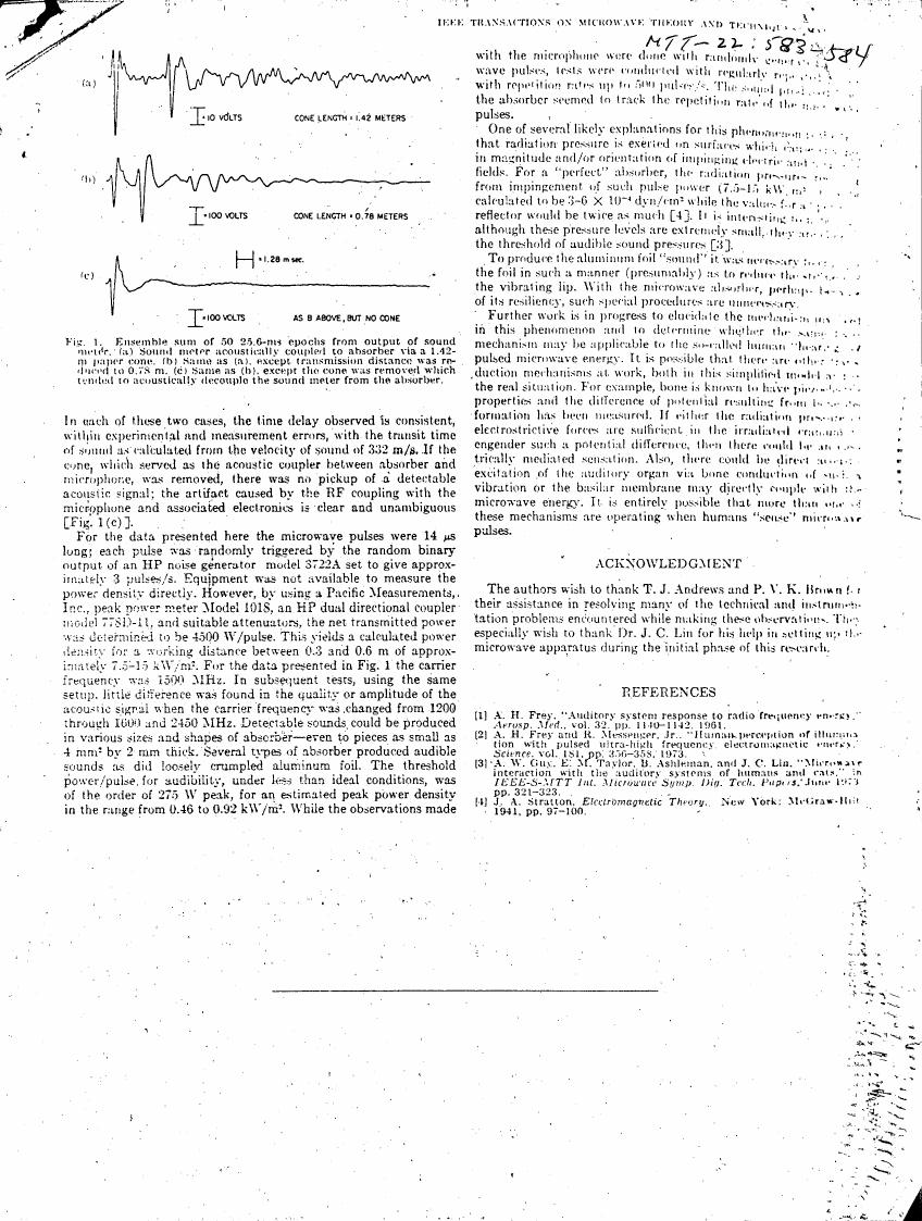 AI-described figure: Figure 1 illustrates ensemble sums of 50 236-msec epochs from output of sound meters with varying cone lengths and transmission distances, demonstrating the acoustic coupling between absorber and microphone.